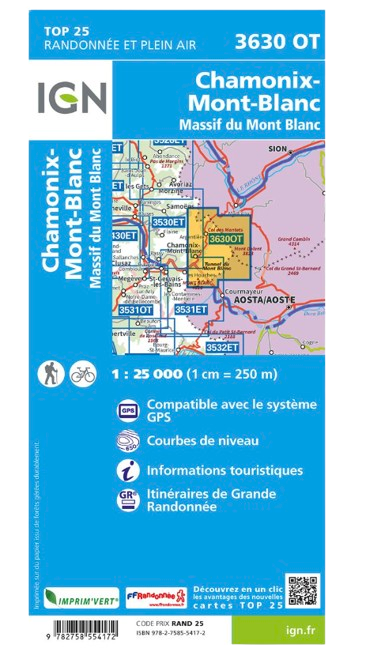 CARTE CHAMONIX MASSIF DU MONT BLANC IGN